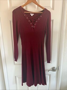 Xhilaration Burgundy Ribbed Lace-Up Long Sleeve Dress